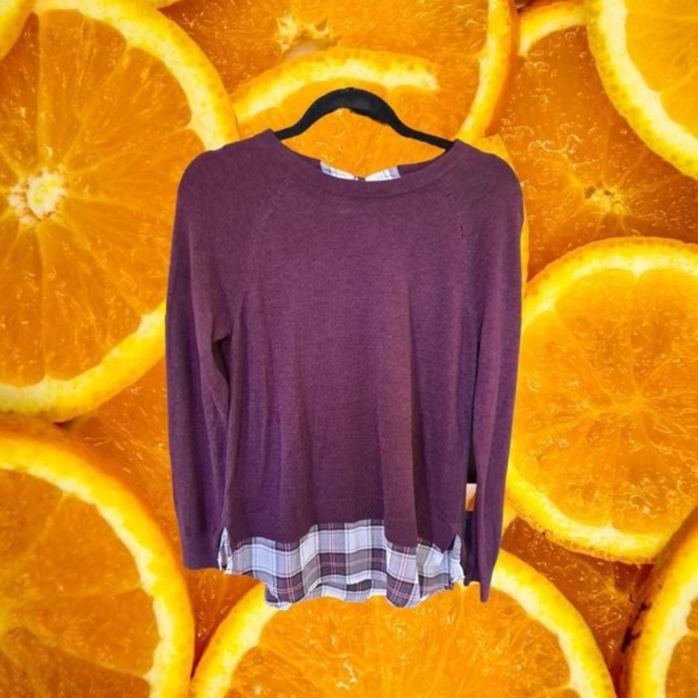 Loft Purple Sweater with Plaid Underlayer and Back Neck Tie RP